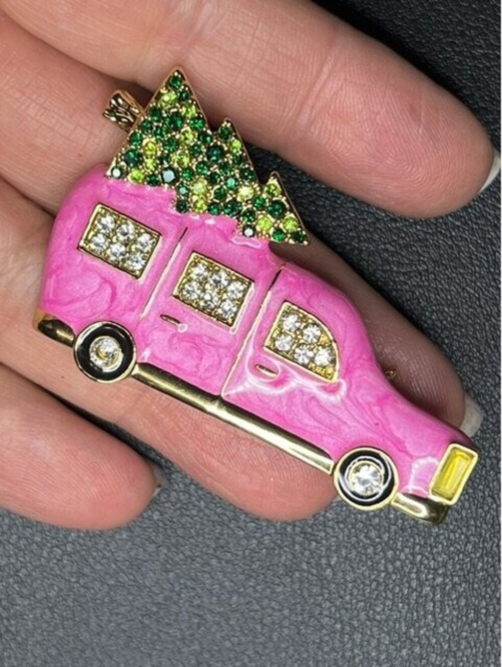 B7540 Talbots Christmas tree Car Brooch  2" Pink Enamel Rhinestone Holiday